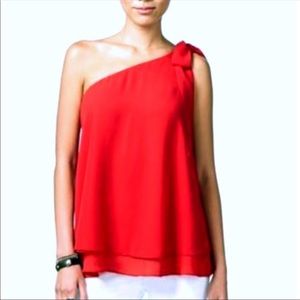 INC Red One Shoulder w/Bow Layered Blouse Size 8